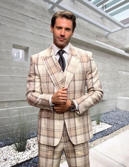Statement Men's 3 Piece 100% Wool Plaid Fashion Suit - Cashmere Blend