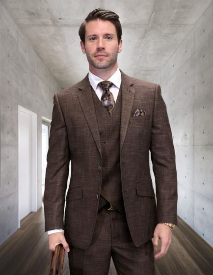 Statement Men's Outlet 3 Piece 100% Wool Fashion Suit - Textured Solid Color