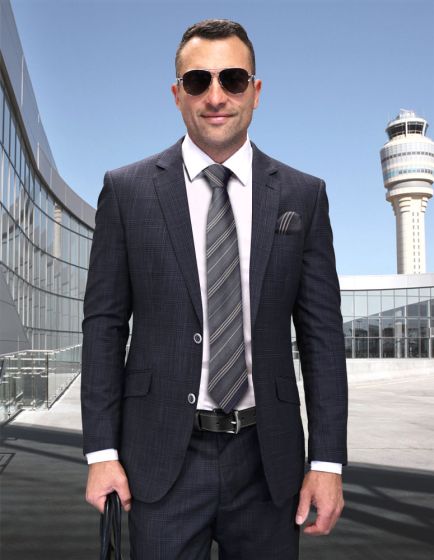 Statement Men's 2 Piece Big and Tall 100% Wool Fashion Suit - Classic Glen Plaid