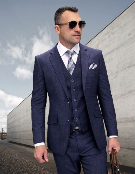 Statement Men's Outlet 3 Piece 100% Wool Fashion Suit - Classic Glen Plaid