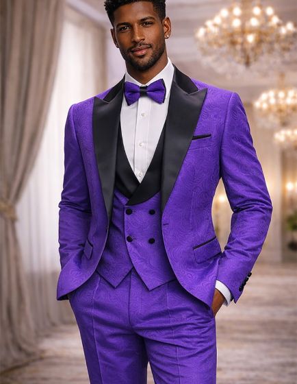 Purple Tuxedo Black Satin Peak Lapel 3 Piece Tuxedos for Men