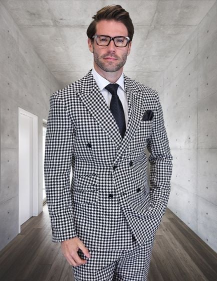 Statement Men's Outlet 2 Piece 100% Wool Double Breasted Suit - Houndstooth Pattern