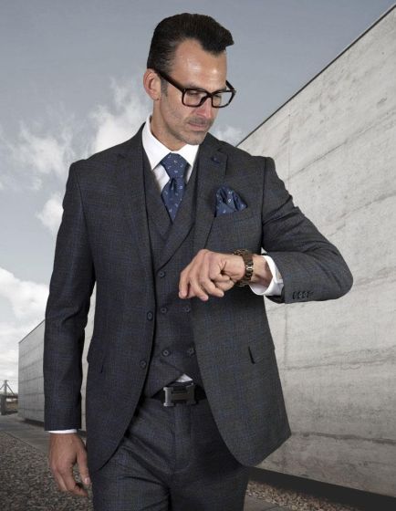 Statement Men's 3 Piece 100% Wool Suit - Subtle Plaid