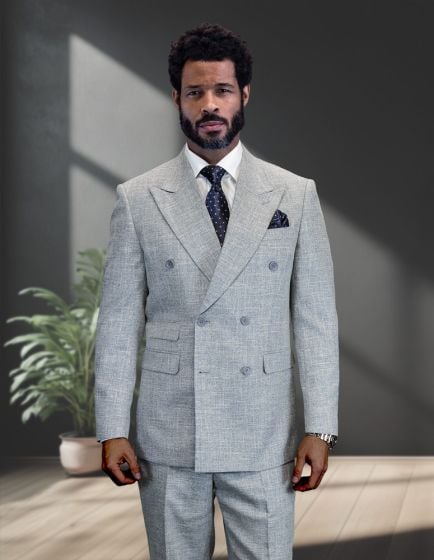 Grey Men's Double Breasted Wool Suit
