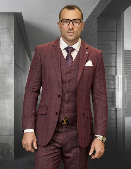 Statement Men's 3 Piece 100% Wool Fashion Suit - Classic Plaid