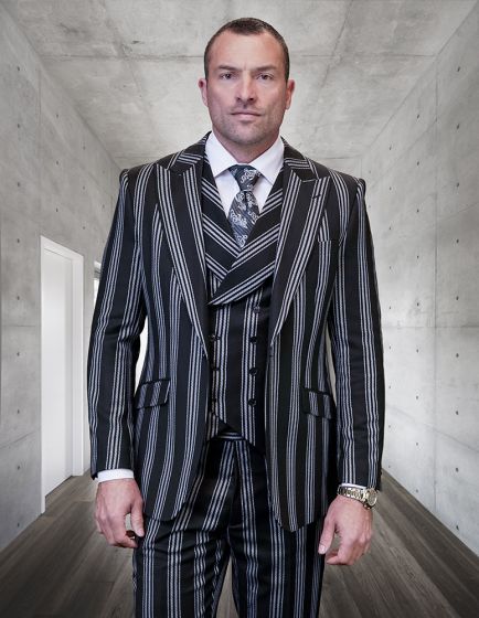 Statement Men's 3 Piece 100% Wool Suit - Bold Quad-Stripe