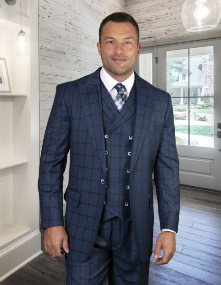 Statement Men's Outlet 100% Wool 3 Piece Suit - Tone on Tone Windowpane