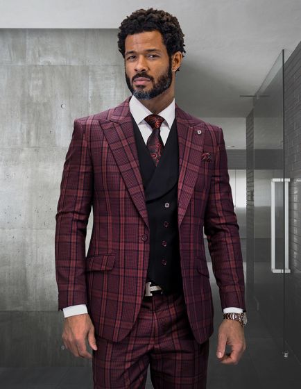 Statement Men's 3 Piece Modern Fit 100% Wool Suit - Sharp Plaid