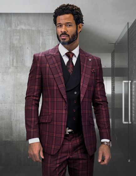 Statement Men's Outlet 3 Piece Modern Fit 100% Wool Suit - Sharp Plaid
