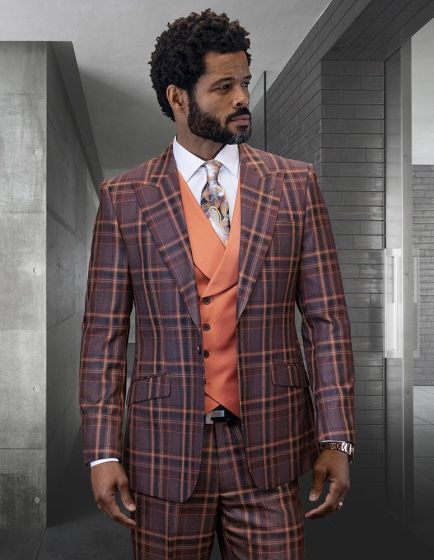 Statement Men's Outlet 100% Wool 3 Piece Suit - Plaid Color Contrast