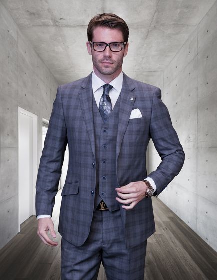 Statement Men's 3 Piece 100% Wool Fashion Suit - Dark Plaid