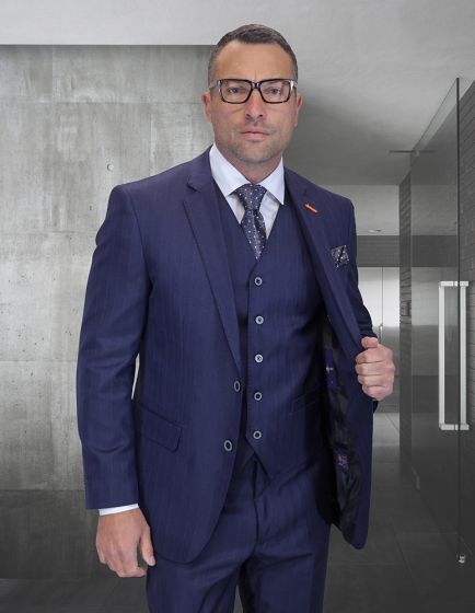 Statement Men's 3 Piece 100% Wool Fashion Suit - Herringbone Stripes