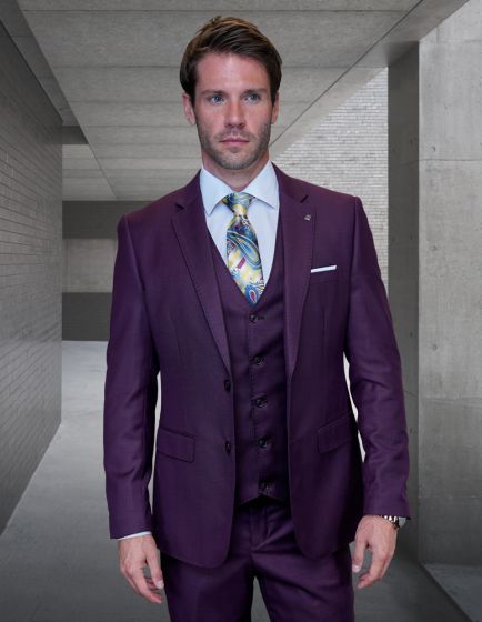 Statement Men's 100% Wool 3 Piece Suit -  Tone on Tone Plaid