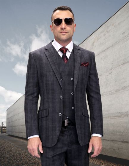 Statement Men's Outlet 3 Piece 100% Wool Fashion Suit - Bold Plaid Two Tone