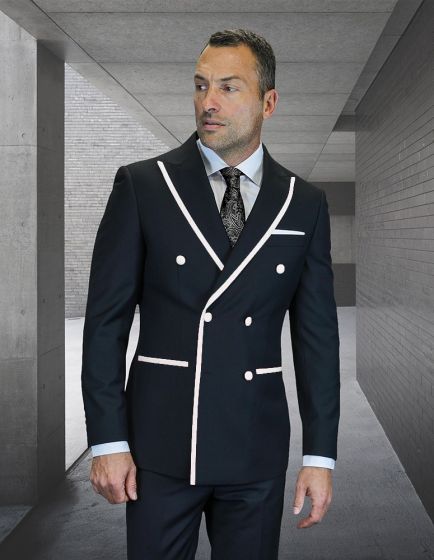Black/White Double Breasted Suit with Peak Lapel