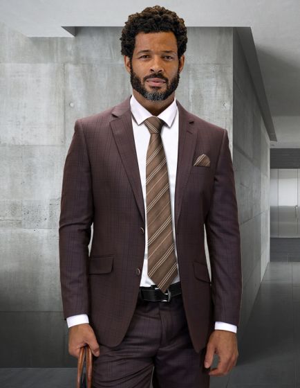 Statement Men's 2 Piece Big and Tall 100% Wool Fashion Suit - Textured Plaid