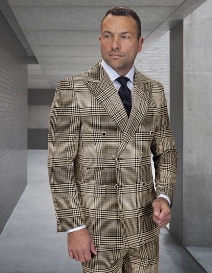 Statement Men's Outlet 2 Piece 100% Wool Modern Fit Double Breasted Suit - Plaid Pattern