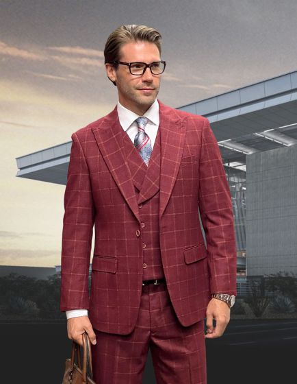 Statement Men's Outlet 100% Wool 3 Piece Suit - Luxurious Windowpane