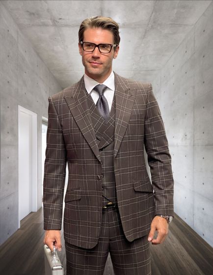 Brown Three Piece Suit Peak Lapel