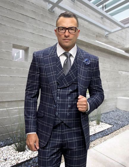 Statement Men's Outlet 3 Piece 100% Wool Plaid Fashion Suit - Double Breasted Vest