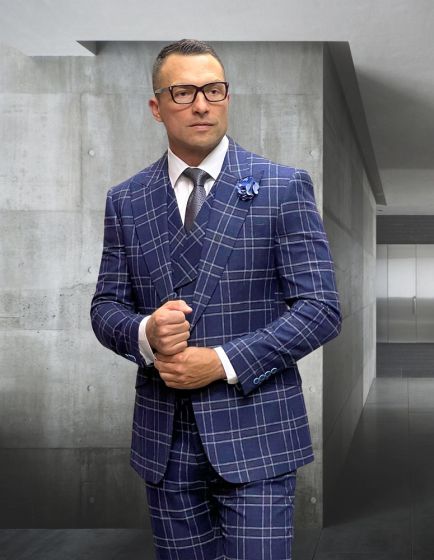 Statement Men's 3 Piece 100% Wool Plaid Fashion Suit - Double Breasted Vest