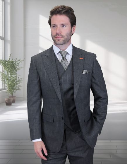 Statement Men's 3 Piece 100% Wool Modern Fit Suit - V-Neck Double Breasted Vest