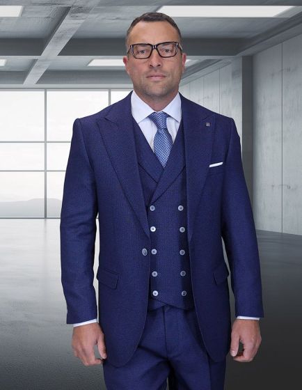 Statement Men's Outlet 3 Piece 100% Wool Wide Leg Suit- Woven Texture