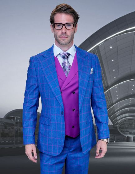 Blue Plaid Mens Suits Peak Lapel
