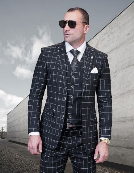 Statement Men's 3 Piece 100% Wool Modern Fit Suit - Classic Windowpane