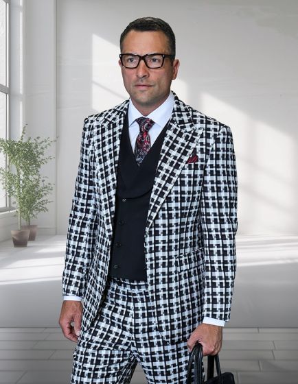 Black/White Wool Suit 3 Piece Suit Mens Suits