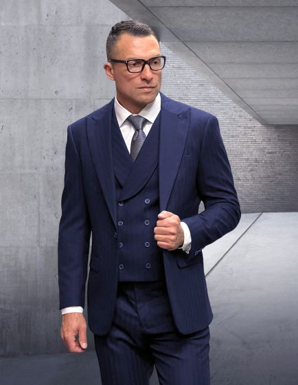 Statement Men's 3 Piece 100% Wool Fashion Suit - Light Stripes