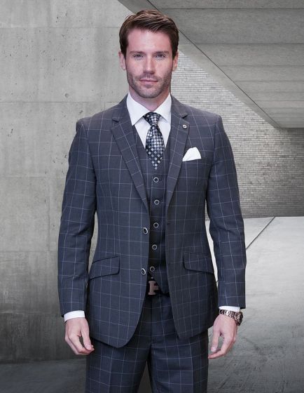 Statement Men's Outlet 3 Piece 100% Wool Cashmere Suit - Sleek Windowpane