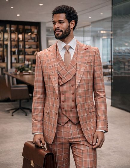 Salmon Suit 3 Piece Suit with Double Breasted Vest and Peak Lapel