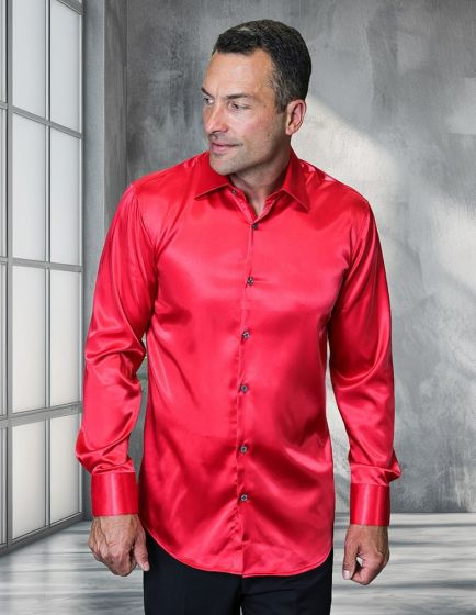Statement Men's Outlet Long Sleeve Woven Shirt - Solid Color Satin