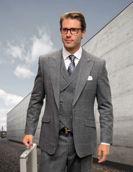 Statement Men's Outlet 3 Piece 100% Wool Tweed Fashion Suit - Plaid Pattern