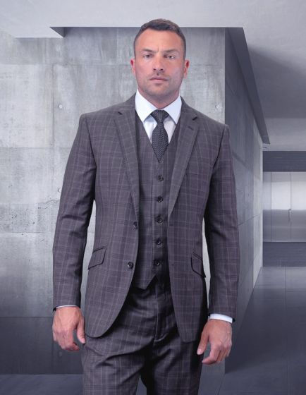 Statement Men's Outlet 100% Wool 3 Piece Suit - Sleek Plaid