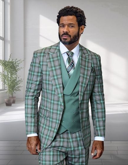 Statement Men's Outlet 3 Piece Plaid 100% Wool Suit - Double Breasted Vest