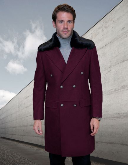 Burgundy Jacket Men's Coat Fur Collar