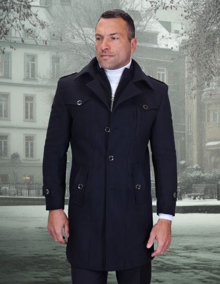 Statement Men's Outlet 3/4 Length 100% Wool Top Coat - Unique Zipper