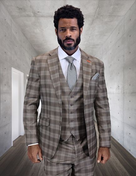 Statement Men's 3 Piece 100% Wool Modern Fit Suit - Sharp Plaid Pattern