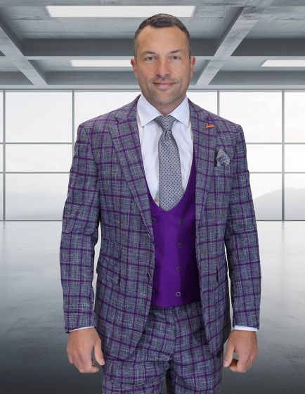 Statement Men's 3 Piece 100% Wool Modern Fit Suit - Solid Scoop Vest