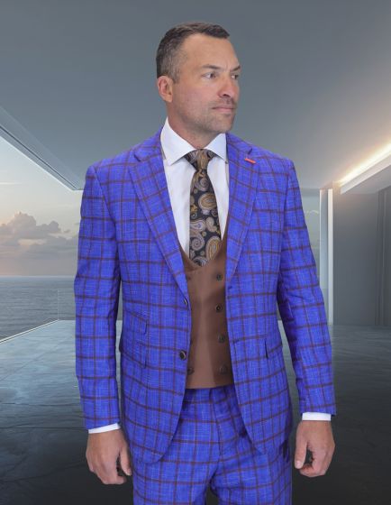 Statement Men's Outlet 3 Piece 100% Wool Modern Fit Suit - Solid Scoop Vest