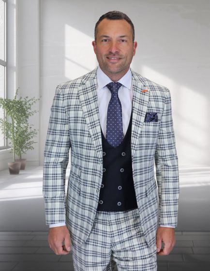 Statement Men's 3 Piece 100% Wool Modern Fit Suit - Accented Scoop Vest