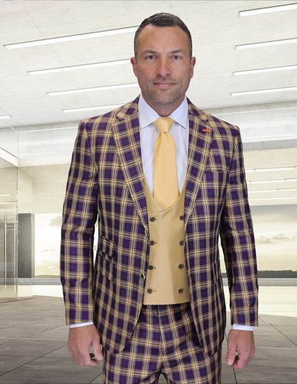 Statement Men's 3 Piece 100% Wool Modern Fit Suit - Bold Scoop Vest