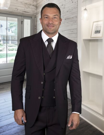 Statement Men's 100% Wool 3 Piece Suit - Two Tone Pinstripe