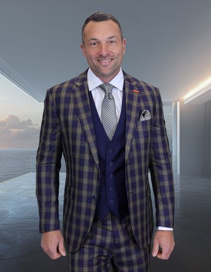 Statement Men's Outlet 3 Piece 100% Wool Modern Fit Suit - Solid Color Vest
