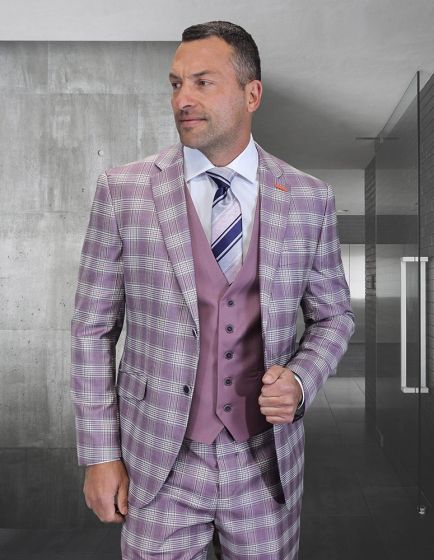 Statement Men's Outlet 3 Piece 100% Wool Modern Fit Suit - Coordinating Solid Color Vest