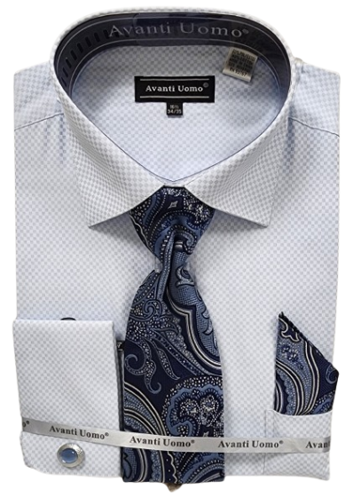 Avanti Uomo Men's Outlet Light Checker French Cuff Dress Shirt Set - Jacquard