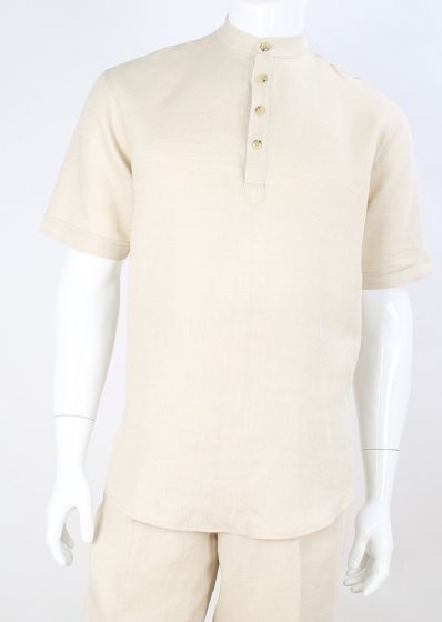 Apollo King Men's Short Sleeve Linen Casual Shirt - Banded Collar