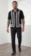 Black Walking Suit Knit Button Down Shirt Flat Front Pants